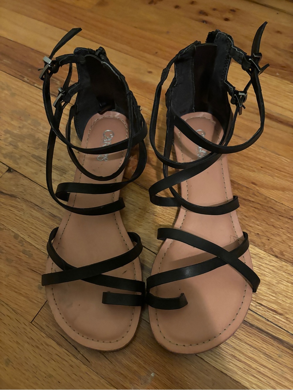Carlos Santana Black Strappy Gladiator Sandals with Tan Footbed